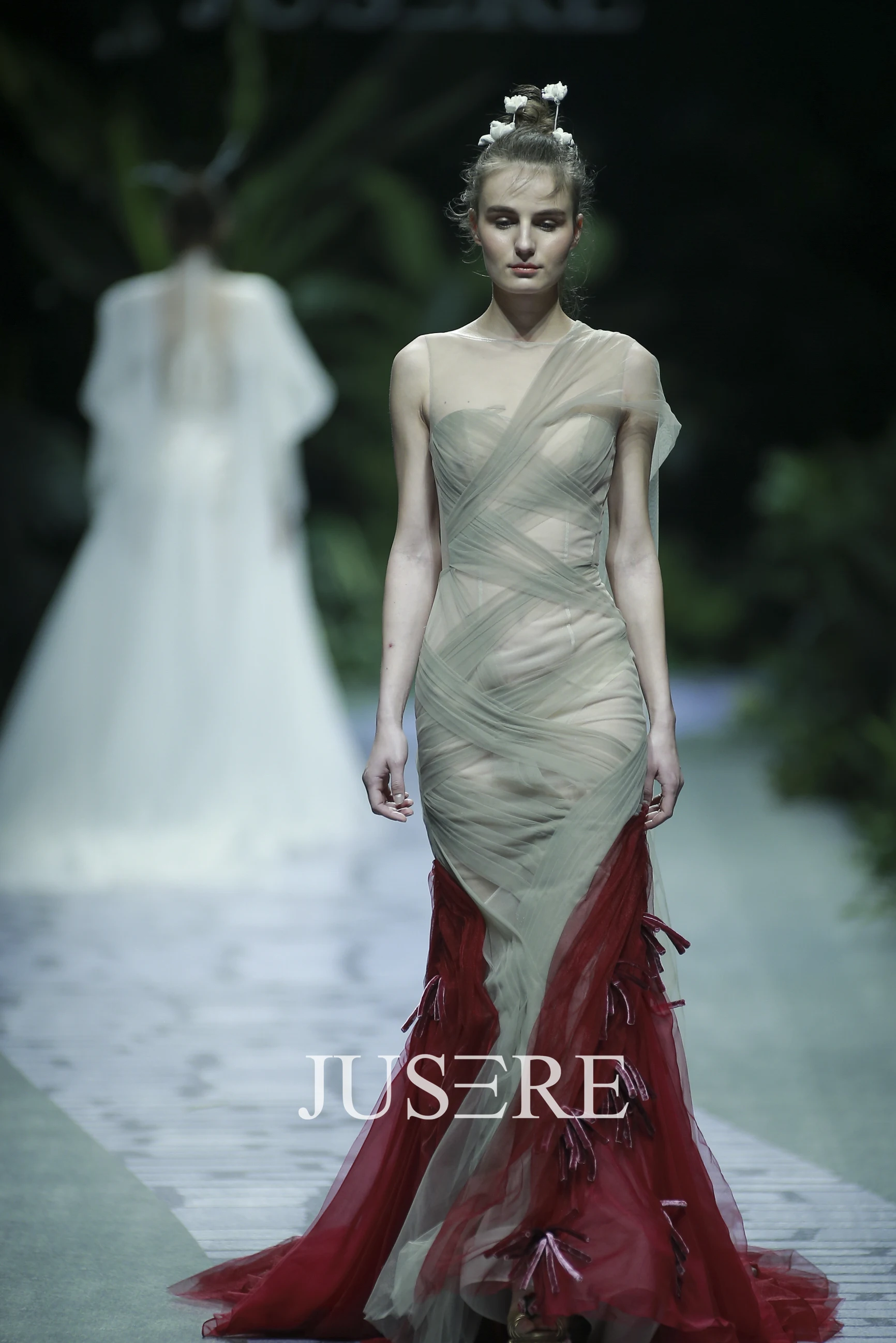 Jusere Fashion Week Runway Mermaid Evening Dresses One Shoulder Sexy Pleat Illusion Tulle Formal Dress Party Dress