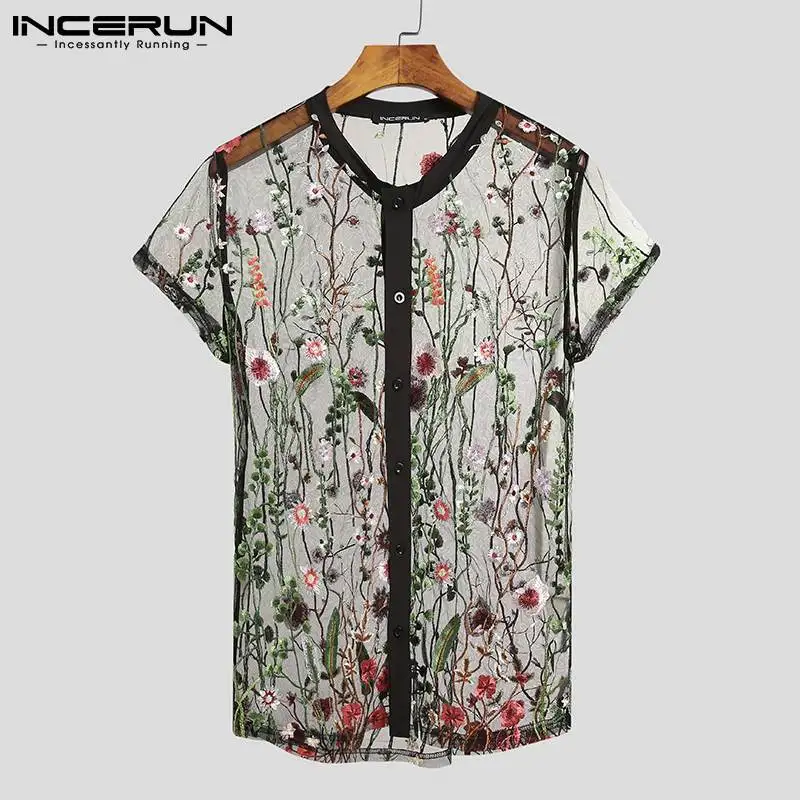 INCERUN-Camisa de malha bordada masculina, manga curta, ver através de tops, botão, respirável, festa, boate, moda, 5XL, 2023