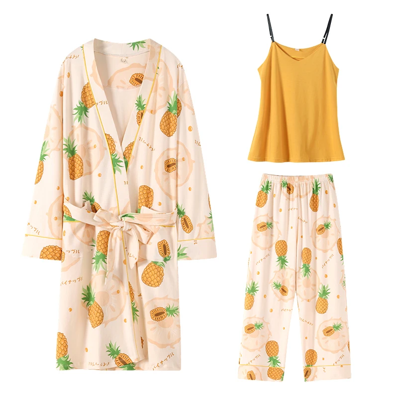 

Autumn Pineapple Cardigan Pajamas Kimono Female Full Cotton Three Piece Casual Comfortable Robe+Vest+Pants Japanese Home Service