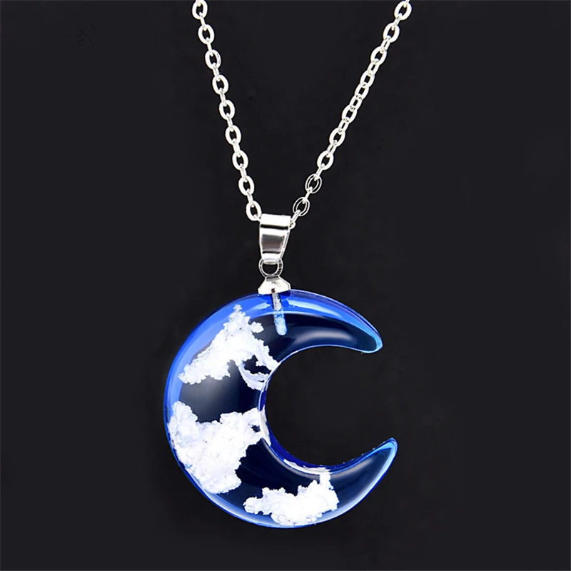 Moon Noctiluce Blue Sky And White Clouds Bird Gradient Pendant Necklace Transparent Ball Resin Fashion Jewelry Dropship