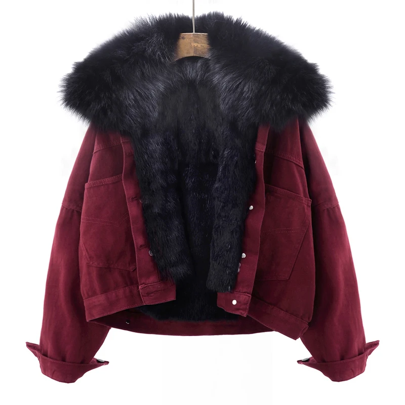 Natural Fox Fur Collar Coat Real Rabbit Fur Liner Denim Jacket Women Winter New Warm Short  Real Fur Parkas Jeans Coat WY277