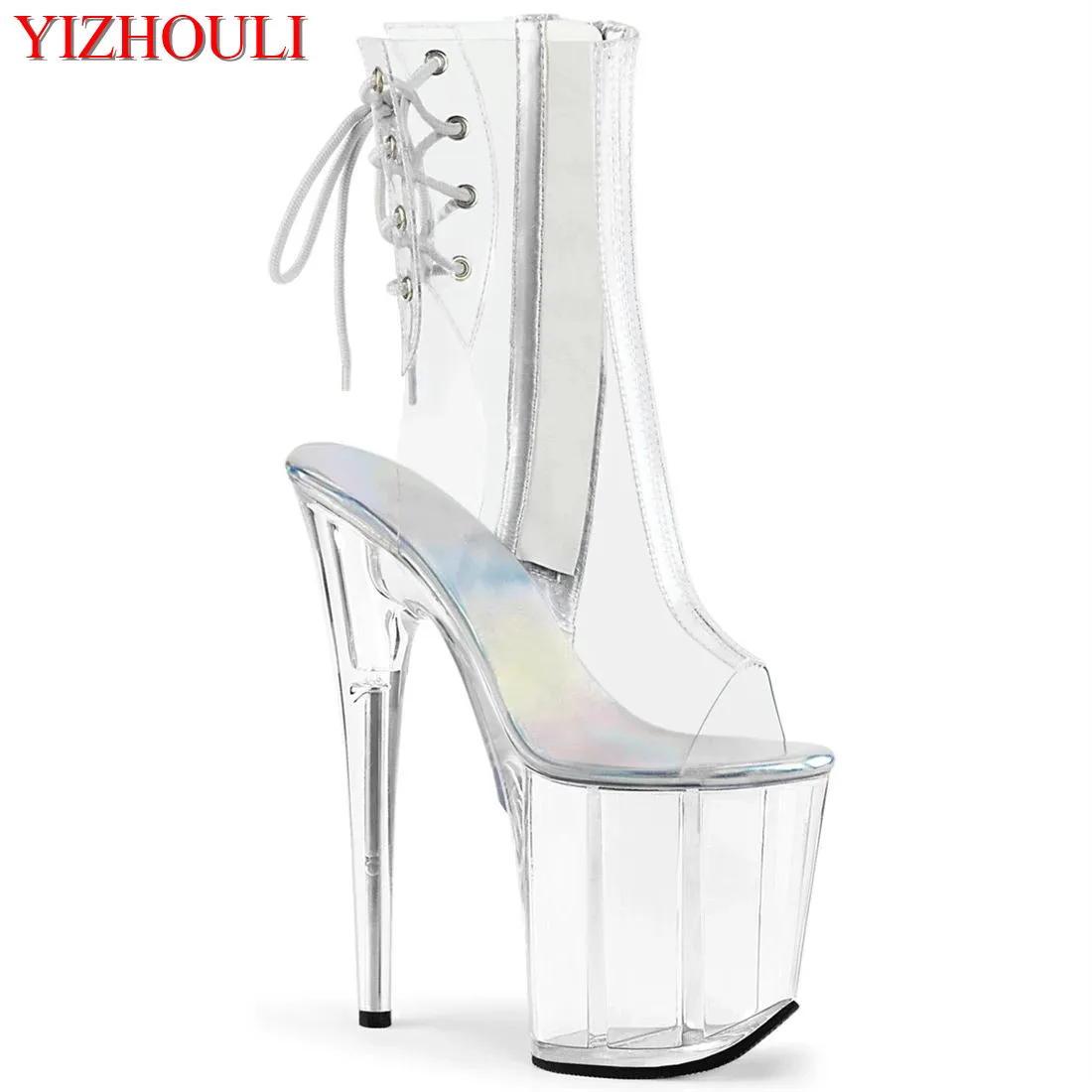 

Fully transparent 20 cm bridal shoes, 8 inch model stiletto boots, fish mouth zipper, night club ankle boots