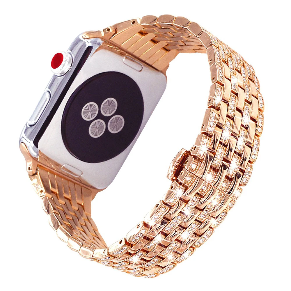 Luxury Stainless Steel Diamond Metal Band for Apple Watch 38mm 42mm 40mm 44mm Beads Steel Strap Iwatch Series SE 6 5 4 3 2 1