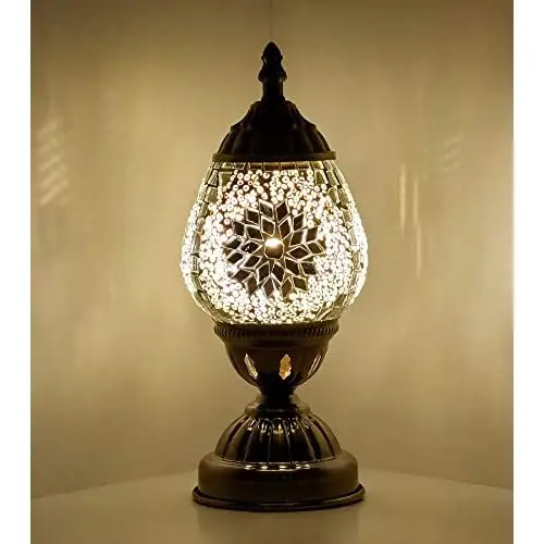 

Mini Handmade English Table Lamp LaModaHome Moroccan Lantern White Mosaic Glass Lamp Energy Saving Bedside Lamp for Bedroom Deco