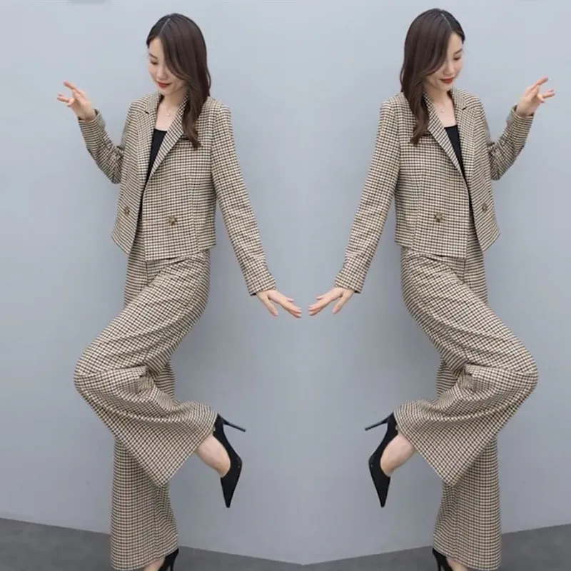 High-quality plaid women' autumn new temperament was thin short suit suit temperament fashion casual wide-leg trousers two-piece