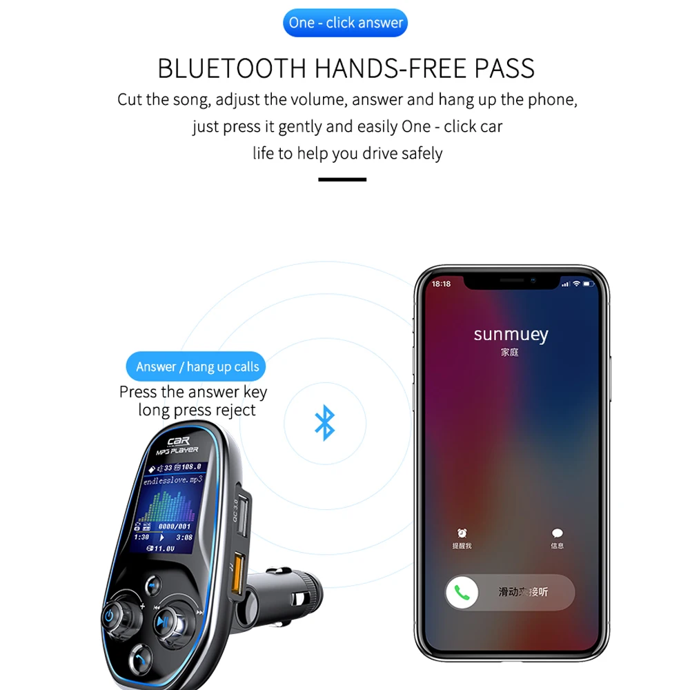 VR robot EQ FM Transmitter Bluetooth Car MP3 TF/U Disk Player Wireless Handsfree Car Kit With QC 3.0 +Type-c Fast Charging