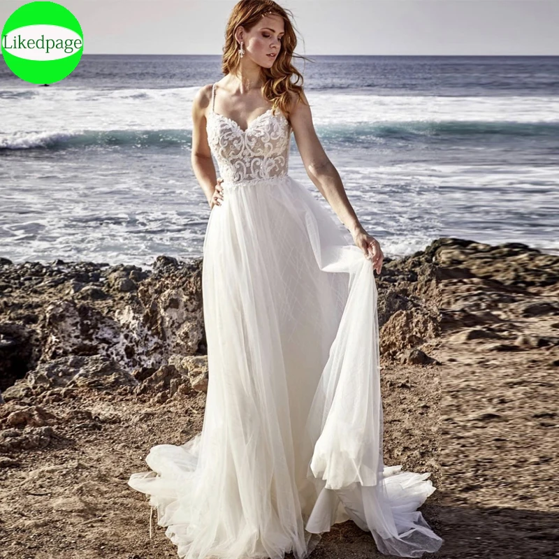 Vestido De Novia con lentejuelas y tirantes finos para playa, traje De Novia con ilusión Sexy, vestido De tul, Boda, 2021