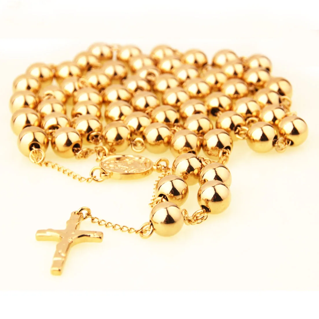 Mens Necklace Chain Italy Gold Tone Bead Chain Crown Rosary Jesus Cross Pendant Stainless Steel 4/6/8/10mm Cool Jewelry