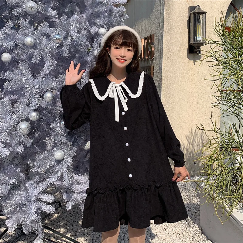 Women's Autumn and Winter Japanese-Style Sweet Retro French Doll Collar Bow Lace-up Long Sleeve Ruffled sweet lolita dress