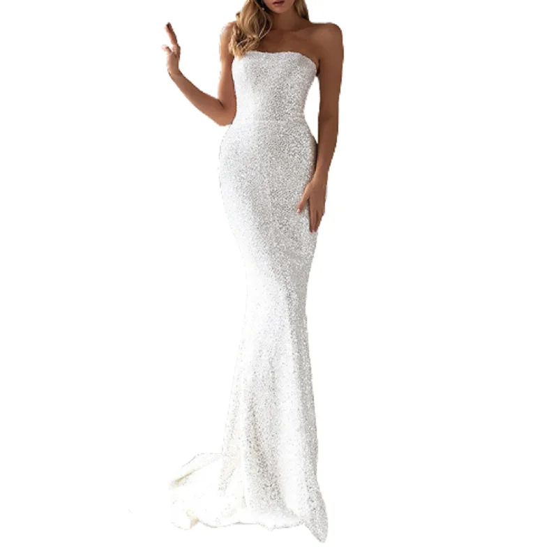 Party Dresses Women Evening Elegant Zipper Back Bridal Gown Dress Sexy One Shoulder Sleeveless Long Luxury Sequin White Dress