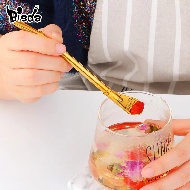 2Pcs Filter Straw Spoon Eco-Friendly Stainless Steel Drinking Straws Tea Strainer Cocktail Shaker Coffee Bar Filtered Spoons