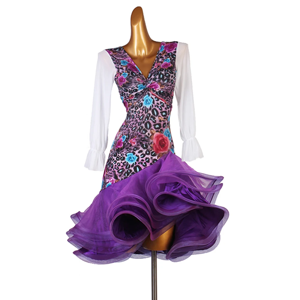 

Latin Dance Dress Long Sleeve Women Competition Adult Purple Flamenco Costumes Ballroom Salsa Samba Tango Dresses