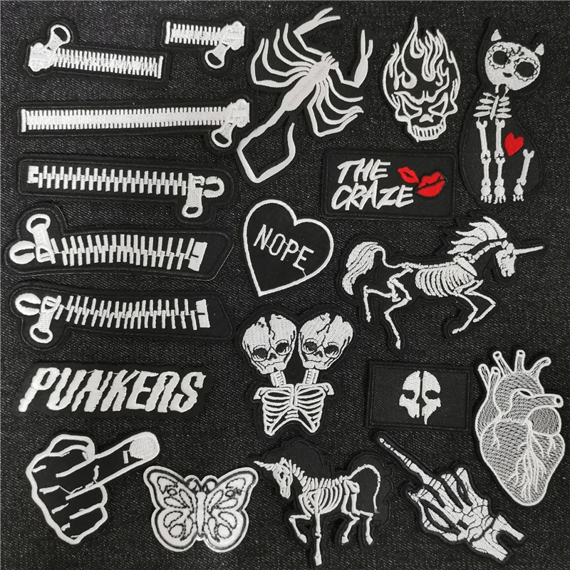 Black and white  Clothe Embroidery Patch Applique Ironing Clothing Sewing Supplies Decorative Punk Badges Patches For Clothing