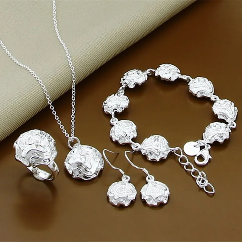 925 Sterling Zilveren Prachtige Rose Bloem Ketting Armbanden Oorring Set Voor Vrouwen Trouwfeest Sieraden Geschenken