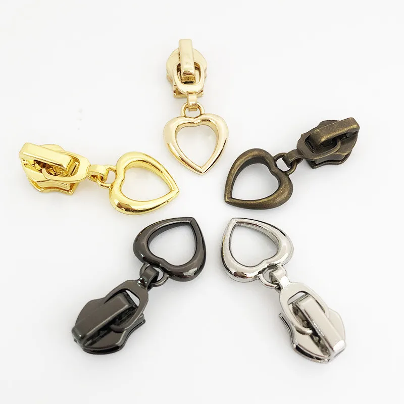 10Pcs 5# Zinc Alloy Metal Zipper Sliders Heart Puller Head For Nylon Coil DIY Sewing Garment Bag Tailor Repair Access