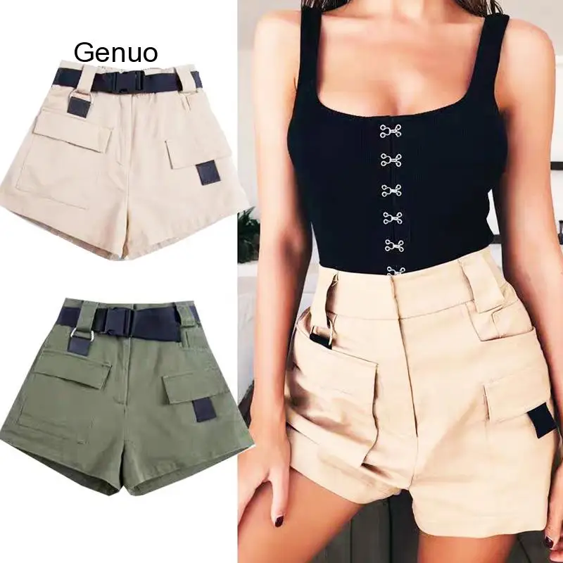 

Streetwear Shorts Women Fitness Korean Summer 2020 Woman High Waist Wide Leg Cargo Women's Shorts Feminino Pocket