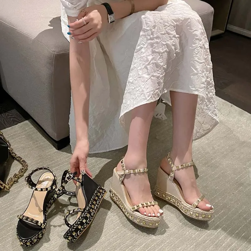 Comfort Shoes for Women Luxury Sandals 2024 Summer High Heels Clogs Wedge Suit Female Beige Buckle Strap Fashion High-heeled Vel