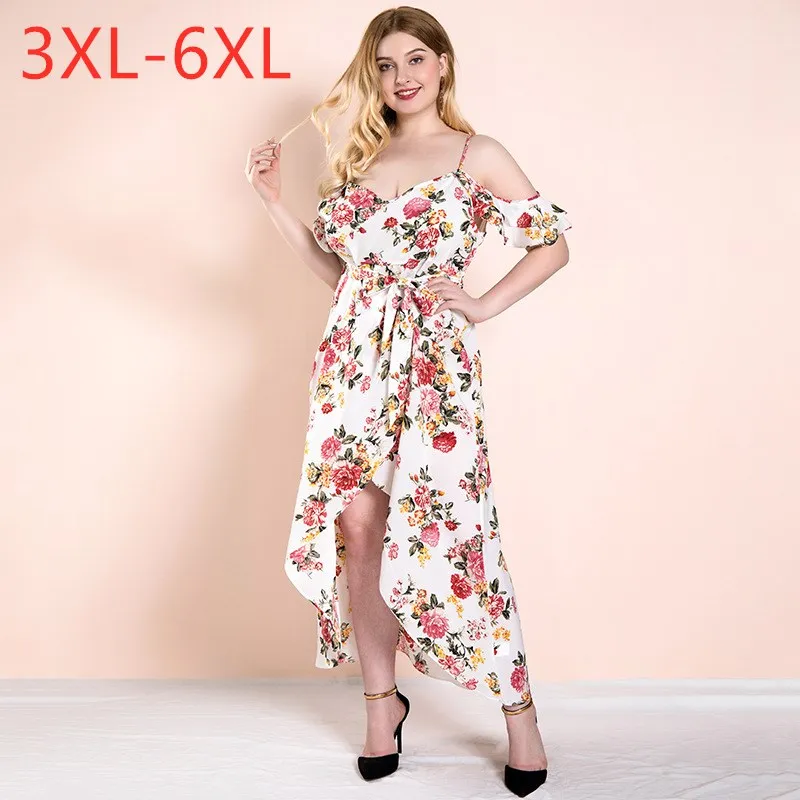 

New summer plus size slip dress for women large strapless loose casual sexy flower print long dresses belt white 3XL 4XL 5XL 6XL