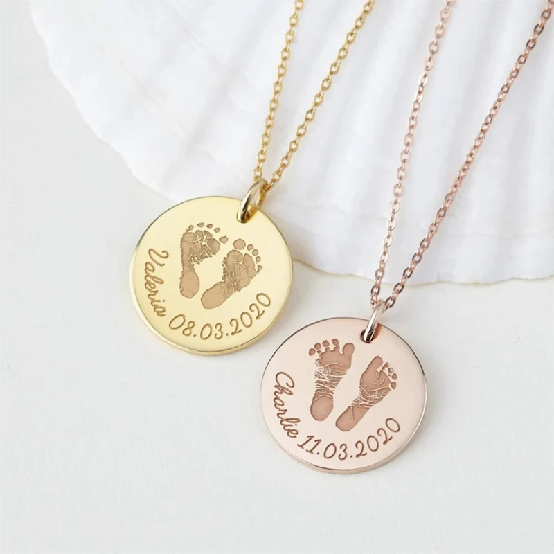 Engraving Baby Footprint Name Custom Personalized Pendant Necklace High Quality Stainless Steel Keepsake Gift for New Parents