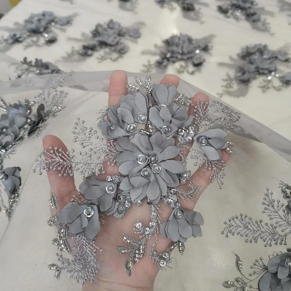 Silver / Grey 3D Flower Handmade Beaded Embroidery Lace Fabrics African New Design Lace Factory Price 5 Yards Per Lot Tulle Mesh