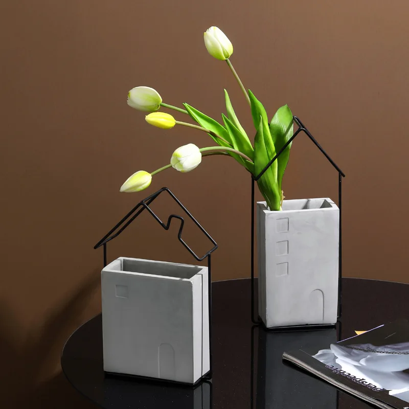 

Creative art cement iron vase ornaments flowering Nordic minimalist living room TV cabinet tabletop decorative dry flower