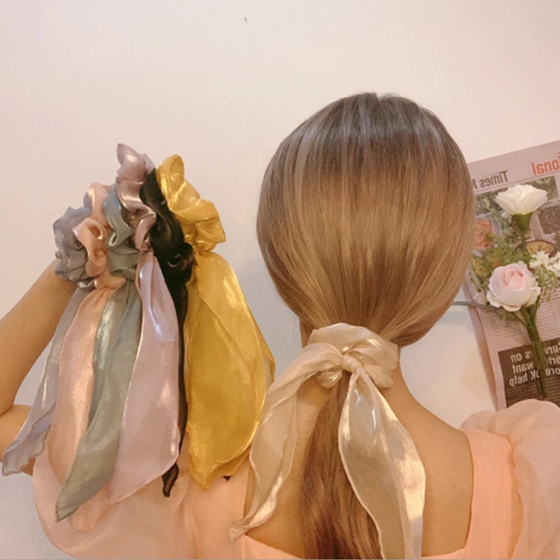 

Fashion Solid Color Gauze Long Ribbons Scrunchie Hair Accessories For Women Elegant Bow Ponytail Holder Girls Elastic Hair Bands