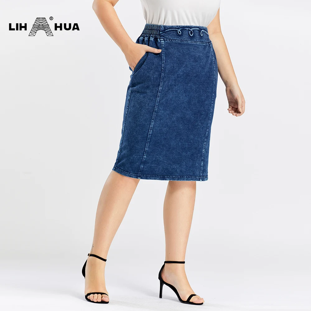 LIH HUA Women\'s Plus Size Denim Skirt Cotton Spring Elastic Fashion Casual Knit Skirt