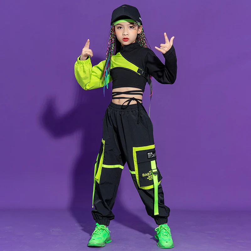 Kids Hip Hop Dancing Performance Costume Street Dance Cargo Pants Green Long Sleeves Tops Girls Jazz Dance Stage Clothing BL7046