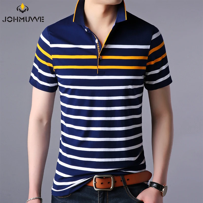 JOHMUVVE  New Men Lapel Short Sleeves Fashion Trend All-match Casual Business Work Pinstripe Multicolor Polo Men Summer