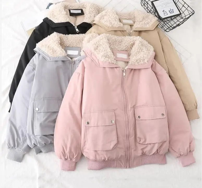 

2021Jacket Women Warm Solid Color Hoodies Autumn Winter Imitation Lamb Wool Korean Loose Plus Velvet Thick Zipper Outerwear Tops