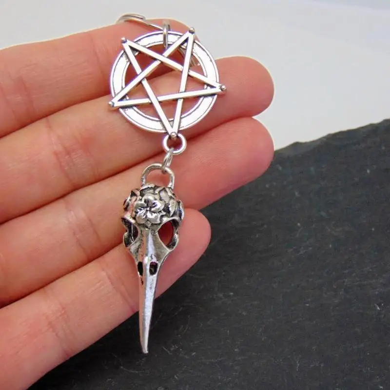 The New Bird skull Keychain, Gothic Keychain, pentagram, crow skull Keychain, Halloween gift