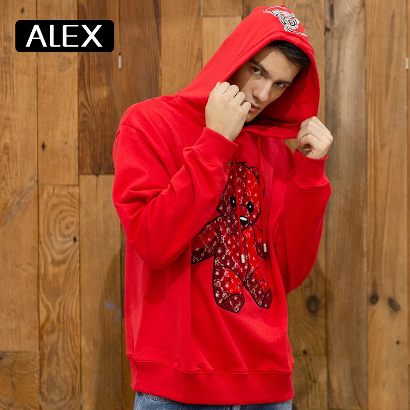 Alex Plein Man Hoodies Teddy Bear Towel Embroidery Oversized Sweatshirt 100% Cotton One Piece Couple Clothing Streetwear Cartoon