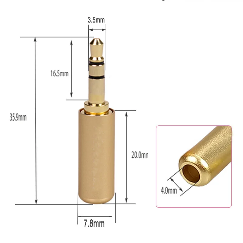 100pcs Mini Jack 3.5mm 3Polse Male Plug Gold Plated Plug Aluminum Tube 3Pins 1/8\