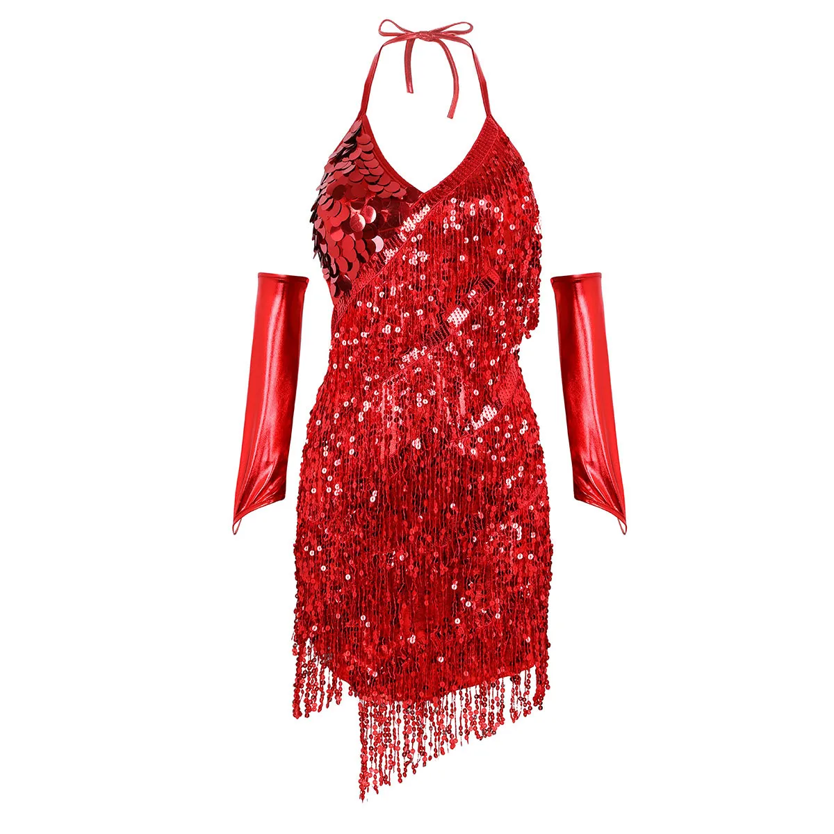 Abito da ballo latino con nappe di paillettes da donna Halter Neck Backless Self-Tie Dress + 1 paio di maniche a mano Ballroom Samba Tango Dancewear