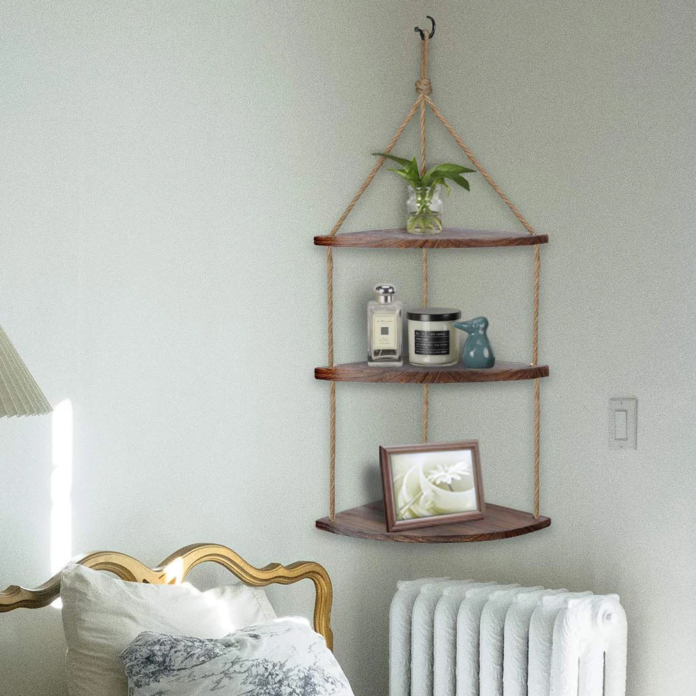 3 Tier Floating Corner Shelf Wood Rope Swing Shelves Storage Display Holder Decor