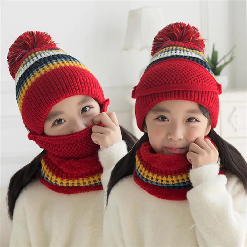 Winter Girls Hat And Scarf Set Child Warm Plush Knit Pom Pom Cap Scarves With Mask Big Kids Stripe Circular Scarf Hat  5-12T