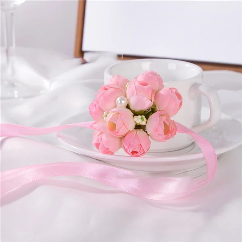 Fleurs artificielles de poignet de Rose, fleurs de main de demoiselle d'honneur de mariée avec ruban, accessoires de décoration de fête de Banquet de mariage, vente en gros