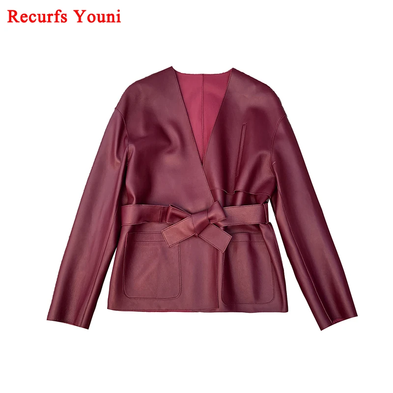 Women Genuine Leather Jacket Female Japanese Chic Deep V-neck Coat With Belt Wine Red Long-sleeved Veste Femme Popa De Mujer