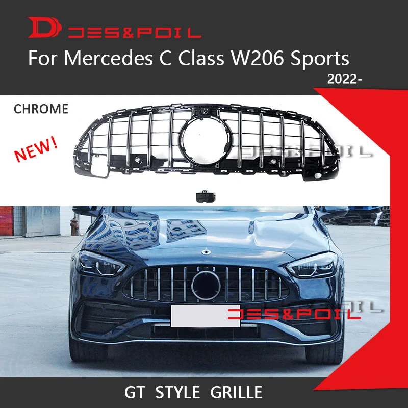 For 2022 New Mercedes C Class W206 Sports Amg Line GT Grille Vertical Front Bumper Racing Grill C200 C260 C220 Only Sorts