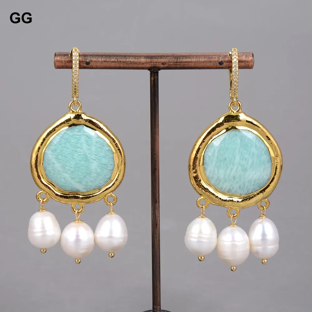 GG Natural Green Amazonite Cultured White Rice Pearl Dangle Earrings Ethnic Style For Women Lady Girl Gift Jewelry