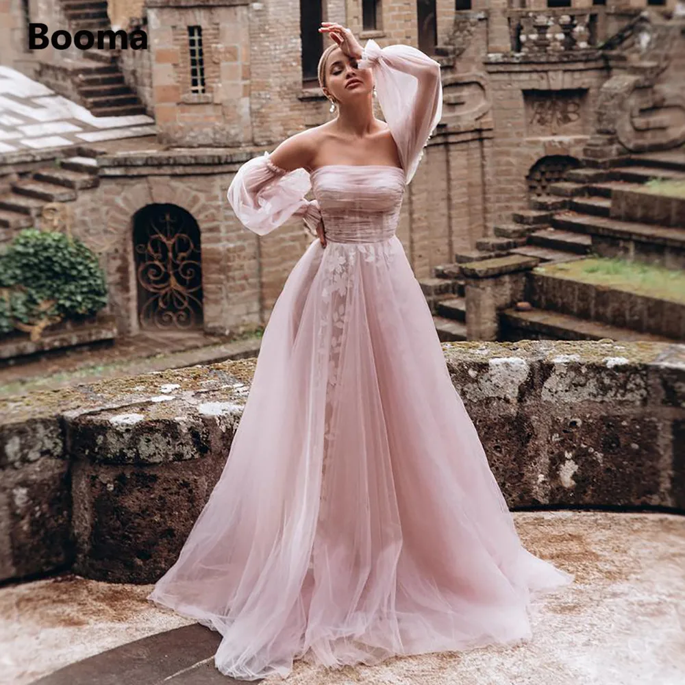 Vestidos de novia rosas sin tirantes, mangas abullonadas, tul largo, corte en A, ilusión de encaje, vestidos de novia con perlas y botones en la espalda