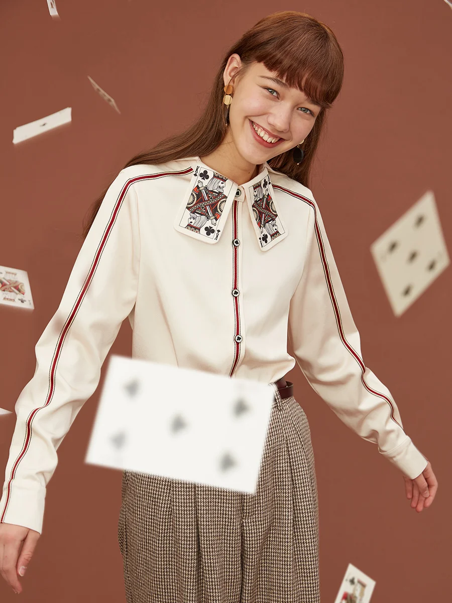 Camicia a righe stampata da donna, carte da gioco divertenti, Design originale, primavera e autunno