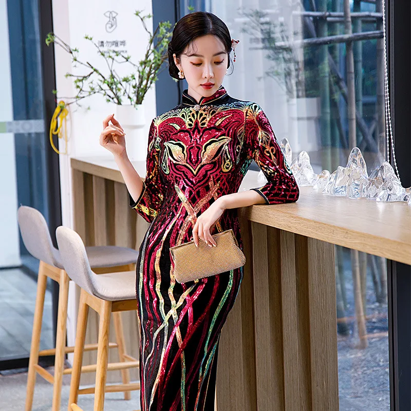 Autumn Velour Sequin Cheongsam Women Slim Seven Points Sleeve Velvet Qipao Elegant Evening Party Dress Vestidos Oversize 6XL