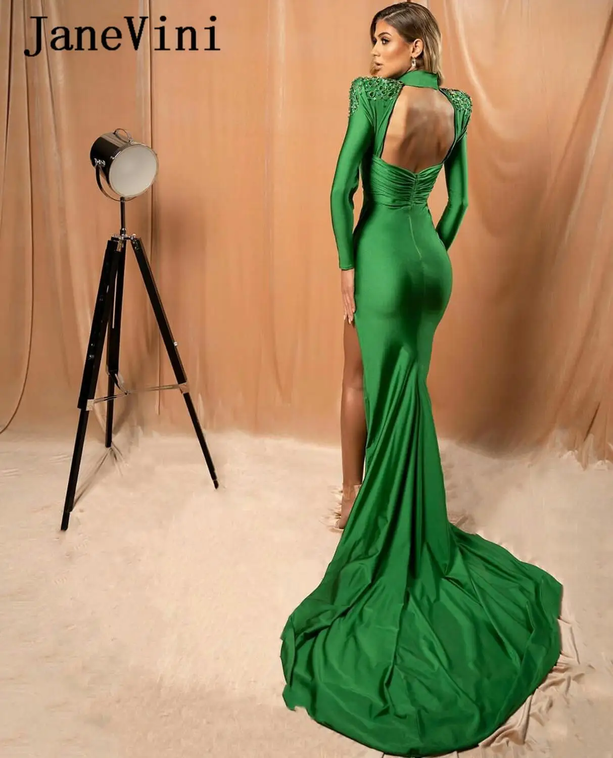 Janevini-vestido de noite estilo sereia, sensual, verde, com mangas compridas, decote alto, cetim, varre e apara, jantar formal, 2020