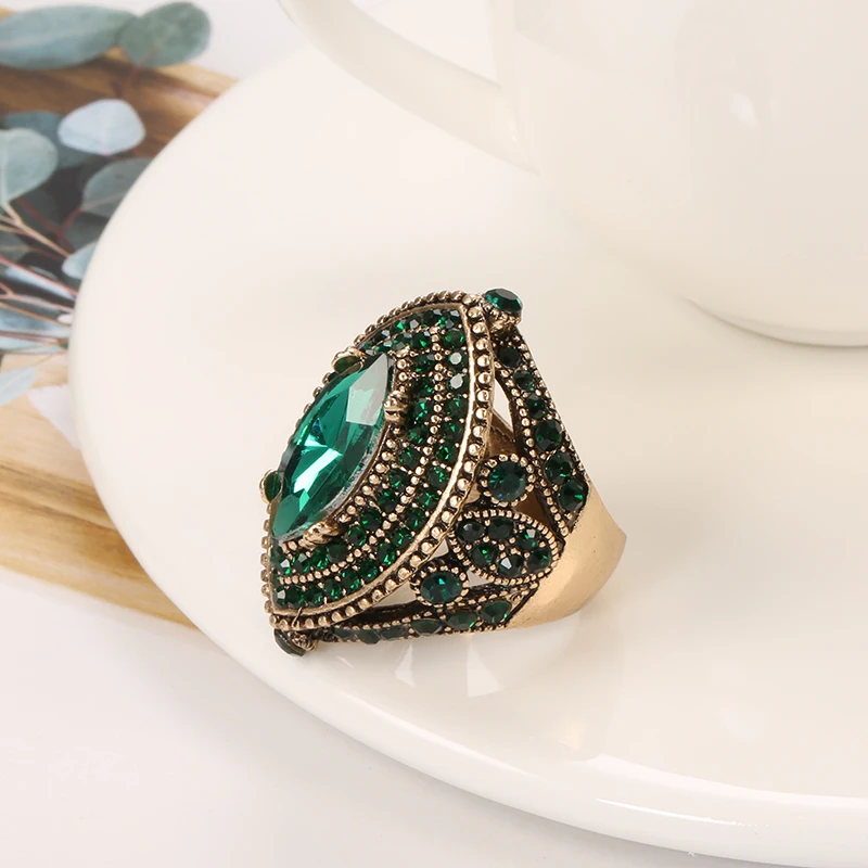 Kinel Luxury Antique Ring For Women Vintage Look AAA Green Crystal Boho Jewelry Gold Color Charm Ethnic Wedding Ring