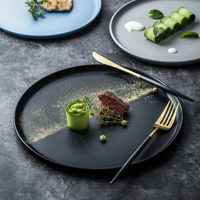 Japanese Art Black Ceramic Frosted Western Steak Steak Salad Plate Simple Home Breakfast Cake Pizza Dessert Flat Plate Tableware