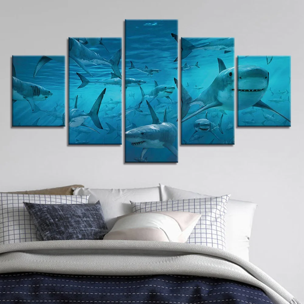 School Of Sharks Animal Ocean Seabed Pictures Canvas Painting Home Art Animals Poster And Print Wall Art Picture Home Decor