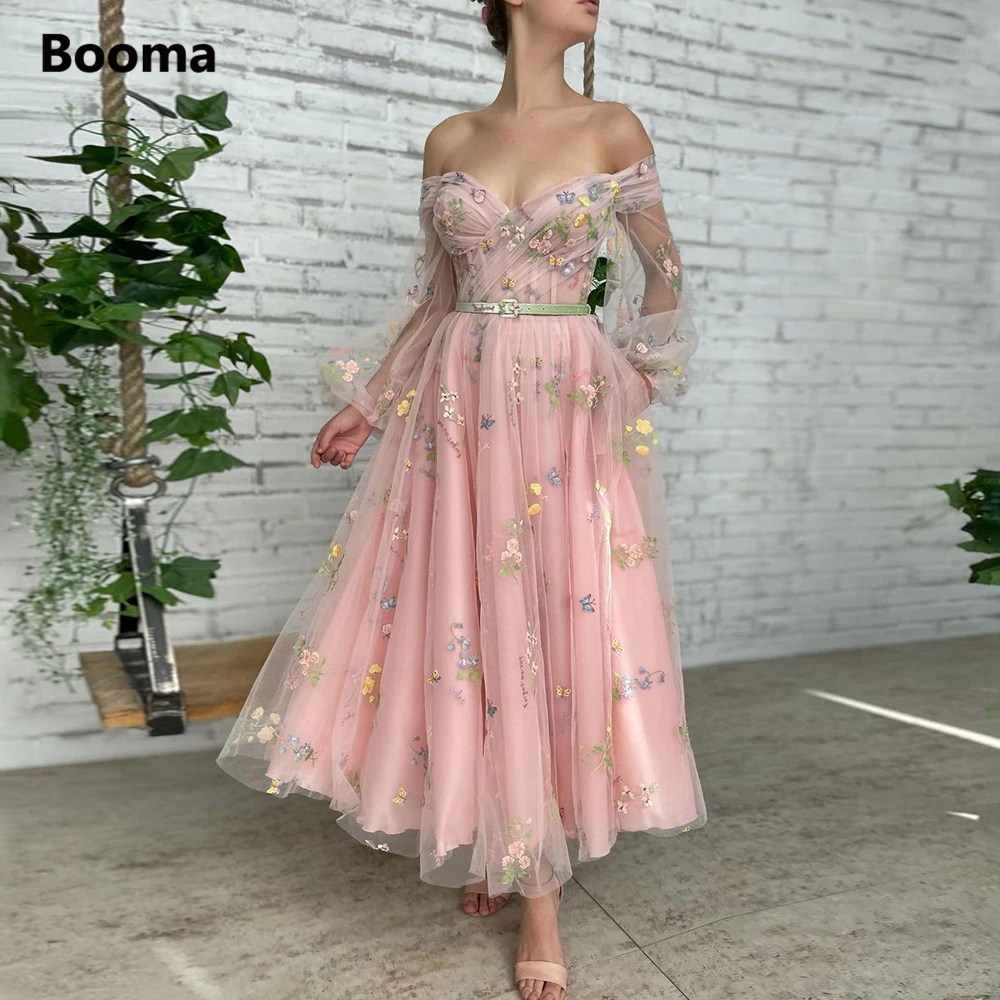 Booma Pink Embroidery Lace Midi Prom Dresses Off Shoulder Long Sleeves Tea-Length Wedding Party Dresses 2022 Tulle Formal Gowns