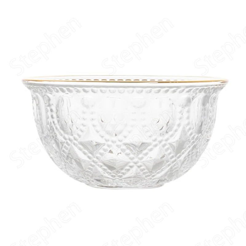 Golden Stroke Relief Craft Salad Bowl European Vintage Transparent Prismatic Glass Fruit Bowls Dessert Cereal Bowl Tableware