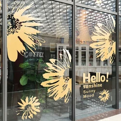 Large Sunflowers Hello Sunshine Glass Door Wall Decal Business Shop Store Romantic Floral Elegant Wall Sticker Decor